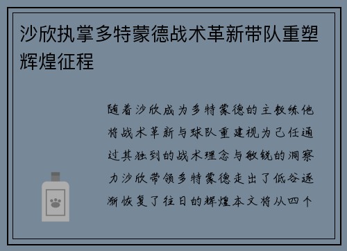 沙欣执掌多特蒙德战术革新带队重塑辉煌征程
