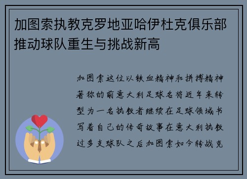 加图索执教克罗地亚哈伊杜克俱乐部推动球队重生与挑战新高 加图索执教克罗地亚哈伊杜克俱乐部推动球队重生与挑战新高