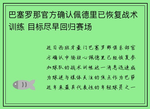 巴塞罗那官方确认佩德里已恢复战术训练 目标尽早回归赛场 巴塞罗那官方确认佩德里已恢复战术训练 目标尽早回归赛场